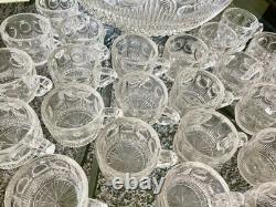 EAPG U. S. Glass MANHATTAN Punch Bowl Bulls Eye Tiffin Franciscan 24 Cups Ladle
