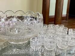 EAPG U. S. Glass MANHATTAN Punch Bowl Bulls Eye Tiffin Franciscan 24 Cups Ladle