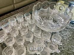EAPG U. S. Glass MANHATTAN Punch Bowl Bulls Eye Tiffin Franciscan 24 Cups Ladle