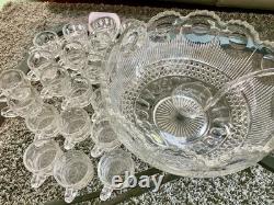 EAPG U. S. Glass MANHATTAN Punch Bowl Bulls Eye Tiffin Franciscan 24 Cups Ladle
