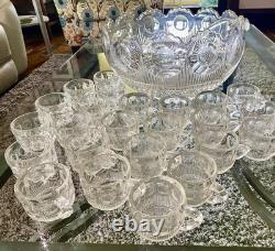 EAPG U. S. Glass MANHATTAN Punch Bowl Bulls Eye Tiffin Franciscan 24 Cups Ladle