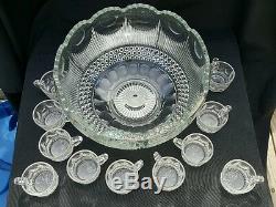 EAPG U. S. Glass MANHATTAN Punch Bowl Set & 11 Cups. Tiffin Franciscan