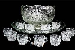 EAPG US Glass #15111 PeacockSlewed HorseshoeRadiant Daisy Punch bowl tray Set