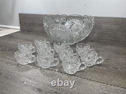 EAPG US Glass Co. Slewed Horseshoe Radiant Daisy Punch Bowl Set with 10 cups
