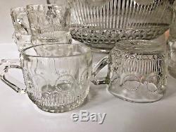 EAPG US Glass Manhattan PUNCH BOWL Set & 12 Cups Bulls Eye Pattern Antique
