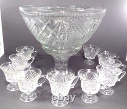 EAPG Vintage Punch Bowl Set Clear Glass Diamond Cut /Bowl/ Stand/10 Footed Cups