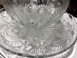 EXQUISITE SET PUNCH BOWL CUPS UNDERPLATE LADLE PINWHEEL & STARS L. E. Smith