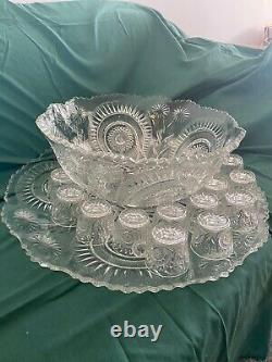 Eapg slewed horseshoe punch bowl With 18 Cups And Plate (pressed Glass)