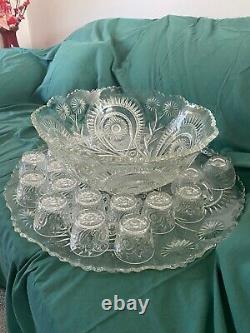 Eapg slewed horseshoe punch bowl With 18 Cups And Plate (pressed Glass)