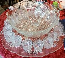 Early 1908 us glass co. Skewed horseshoe punch bowl, 18 cups, platter with ladle
