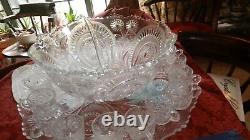 Early 1908 us glass co. Skewed horseshoe punch bowl, 18 cups, platter with ladle