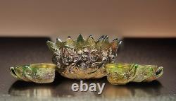 Early 20th-C Henry Northwood Iridescent Glass Acorn Burrs Punch Bowl & 6 Cups