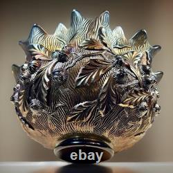Early 20th-C Henry Northwood Iridescent Glass Acorn Burrs Punch Bowl & 6 Cups