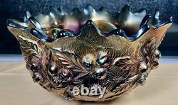 Early 20th-C Henry Northwood Iridescent Glass Acorn Burrs Punch Bowl & 6 Cups