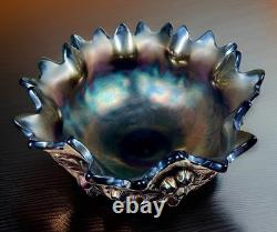 Early 20th-C Henry Northwood Iridescent Glass Acorn Burrs Punch Bowl & 6 Cups
