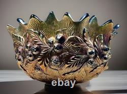 Early 20th-C Henry Northwood Iridescent Glass Acorn Burrs Punch Bowl & 6 Cups
