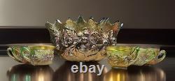 Early 20th-C Henry Northwood Iridescent Glass Acorn Burrs Punch Bowl & 6 Cups