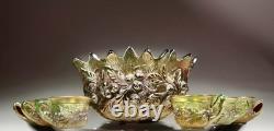 Early 20th-C Henry Northwood Iridescent Glass Acorn Burrs Punch Bowl & 6 Cups