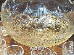 Early American Pattern glass punch bowl with 12 cups