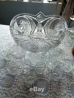 Early Vintage McKee Glass Punch Bowl with Stand & 20 Cups, & Ladle Aztec Pattern