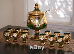 Egermann Bohemian Czech Green Enameled Glass Punch Bowl, Ladle & 12 Cup Set