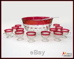 Elegant 60s Ruby Red Flash Glass 14 Pc. Diamond Punch Set Bowl 12 Glasses Ladle