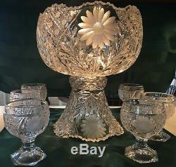 Elegant Antique 19th Century American Brilliant Cut Glass Punch Bowl Set