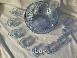 Elegant Glass Duncan Miller Caribbean Blue 10 1/2 Punch Bowl And 10 Cups RARE