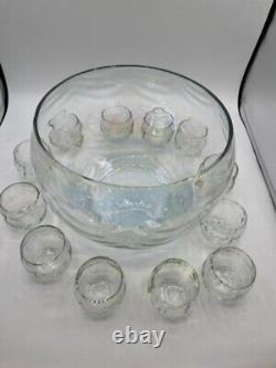 Elegant Vintage West Virginia Glass Iridescent Swag Punch Bowl And 12 Cup Set