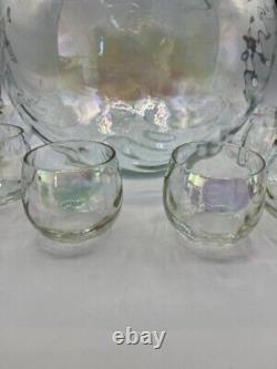 Elegant Vintage West Virginia Glass Iridescent Swag Punch Bowl And 12 Cup Set