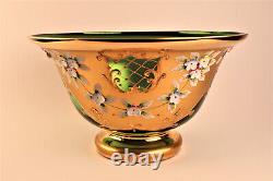 Emerald Green Vintage Bohemia Vase / Punch Bowl with 6 Goblet Glasses Hand Blown