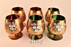 Emerald Green Vintage Bohemia Vase / Punch Bowl with 6 Goblet Glasses Hand Blown