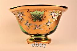 Emerald Green Vintage Bohemia Vase / Punch Bowl with 6 Goblet Glasses Hand Blown