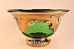 Emerald Green Vintage Bohemia Vase / Punch Bowl with 6 Goblet Glasses Hand Blown