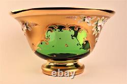 Emerald Green Vintage Bohemia Vase / Punch Bowl with 6 Goblet Glasses Hand Blown