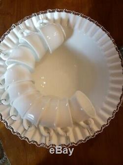 Estate Fenton Milk Glass Silver Crest Punch Bowl with Base 12 Cups Fast Shipping