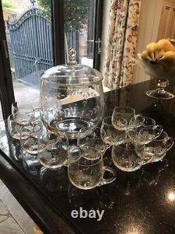 Etched Dome Punch Bowl And 11 Glasses Vintage Rare