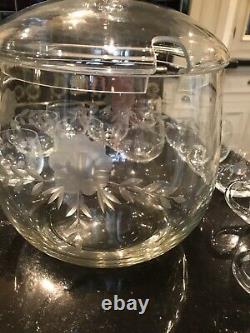 Etched Dome Punch Bowl And 11 Glasses Vintage Rare