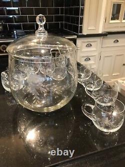 Etched Dome Punch Bowl And 11 Glasses Vintage Rare