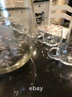 Etched Dome Punch Bowl And 11 Glasses Vintage Rare