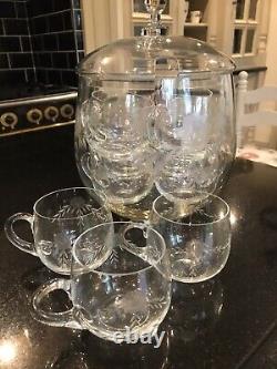 Etched Dome Punch Bowl And 11 Glasses Vintage Rare