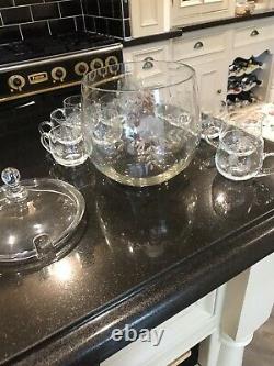 Etched Dome Punch Bowl And 11 Glasses Vintage Rare