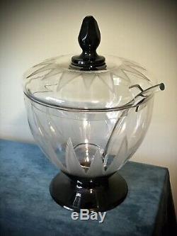 Etched Glass Art Deco Punch Bowl Ebony Base French, Lalique Verlys 1920s