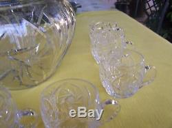 Excellent Bohimian Hand Cut Glass Crystal Pinwheel Pattern Punch Bowl Set 9 Cups