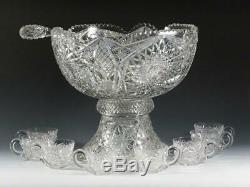 Exceptional American Brilliant Period ABP Cut Glass Punch Bowl + 8 Cups & Ladle