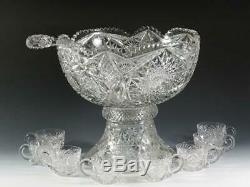 Exceptional American Brilliant Period ABP Cut Glass Punch Bowl + 8 Cups & Ladle
