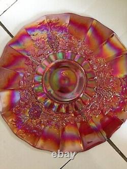 Extremely Rare Mosser Glass Ruby Red Carnival Glass Punch Bowl With Ladle & Cups