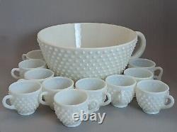 Extremely Rare Vintage Fenton Hobnail Milk Glass Punch Bowl With Handle + 11 Cups