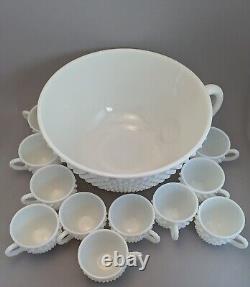 Extremely Rare Vintage Fenton Hobnail Milk Glass Punch Bowl With Handle + 11 Cups