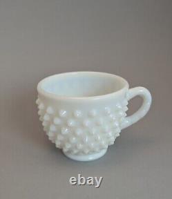 Extremely Rare Vintage Fenton Hobnail Milk Glass Punch Bowl With Handle + 11 Cups